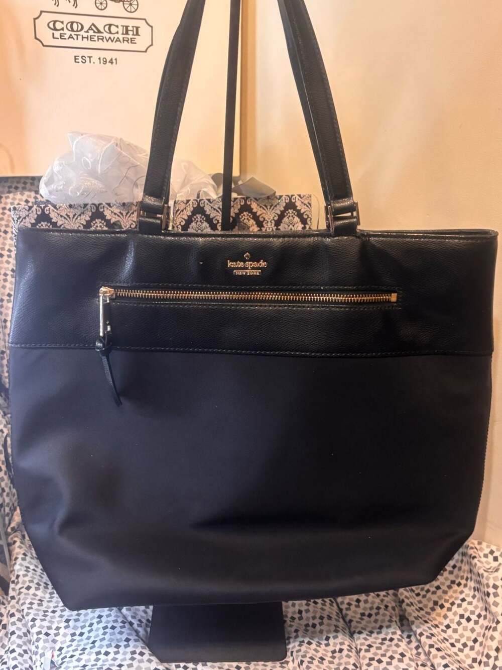 Kate Spade Black Leather And Nylon Tote Bag